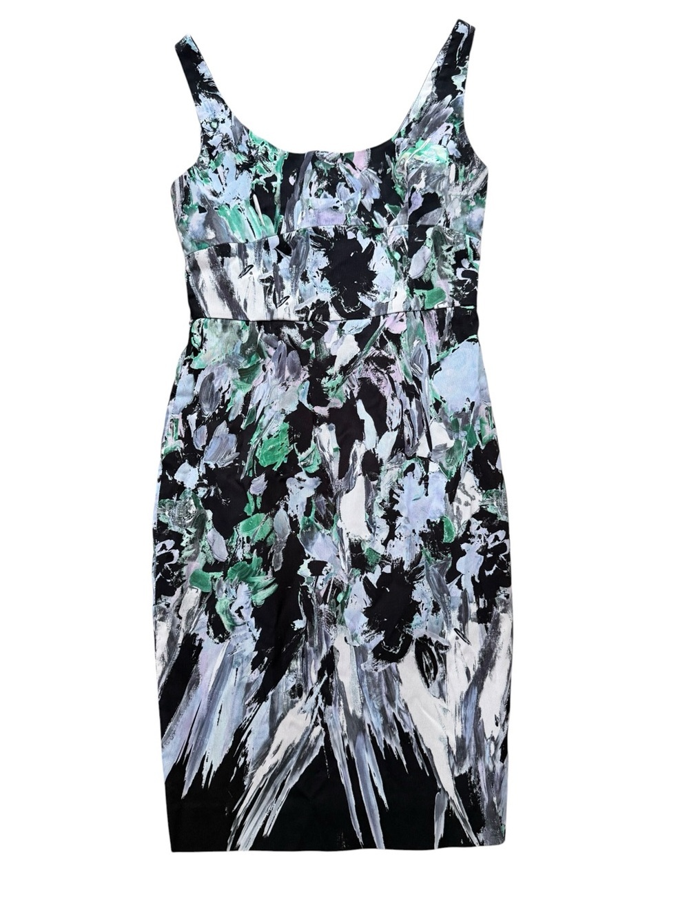 Milly Italian Fabric Sheath Dress Size 6 Abstract Floral Black Green Cocktail